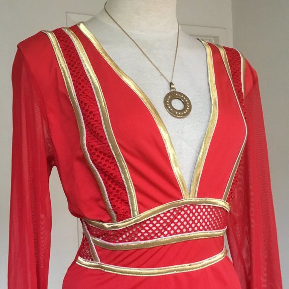 CBR Pencil Short Dress Mesh Long Sleeve Gold Trim V-Neck Bodycon Party Red XL - Picture 7 of 10